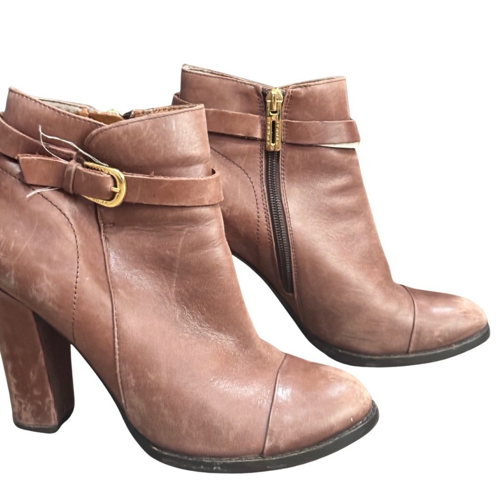 Ivanka Trump Taupe Leather Ankle Boots with Gold Buckle